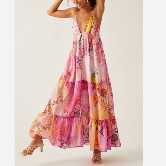 Anthropologie Alissa Tiered Maxi Dress Pink Lined size S - Picture 1 of 9